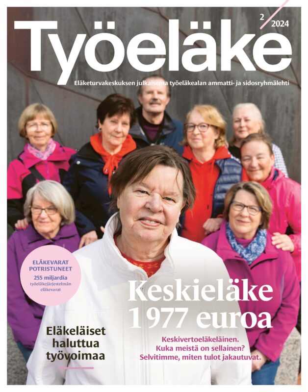Työeläke-lehden numeron 2-2024 kansikuva. Kuvassa joukko eläkkeensaajia ulkoiluvaatteissa.