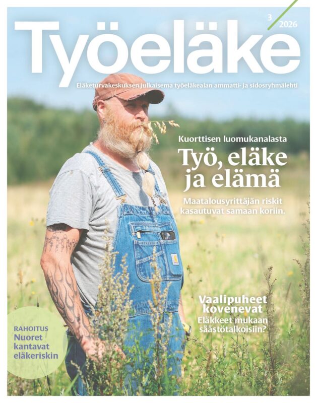 Työeläke-lehden kansikuvassa maatalousyrittäjä pellon laidassa. numero 3-2026.